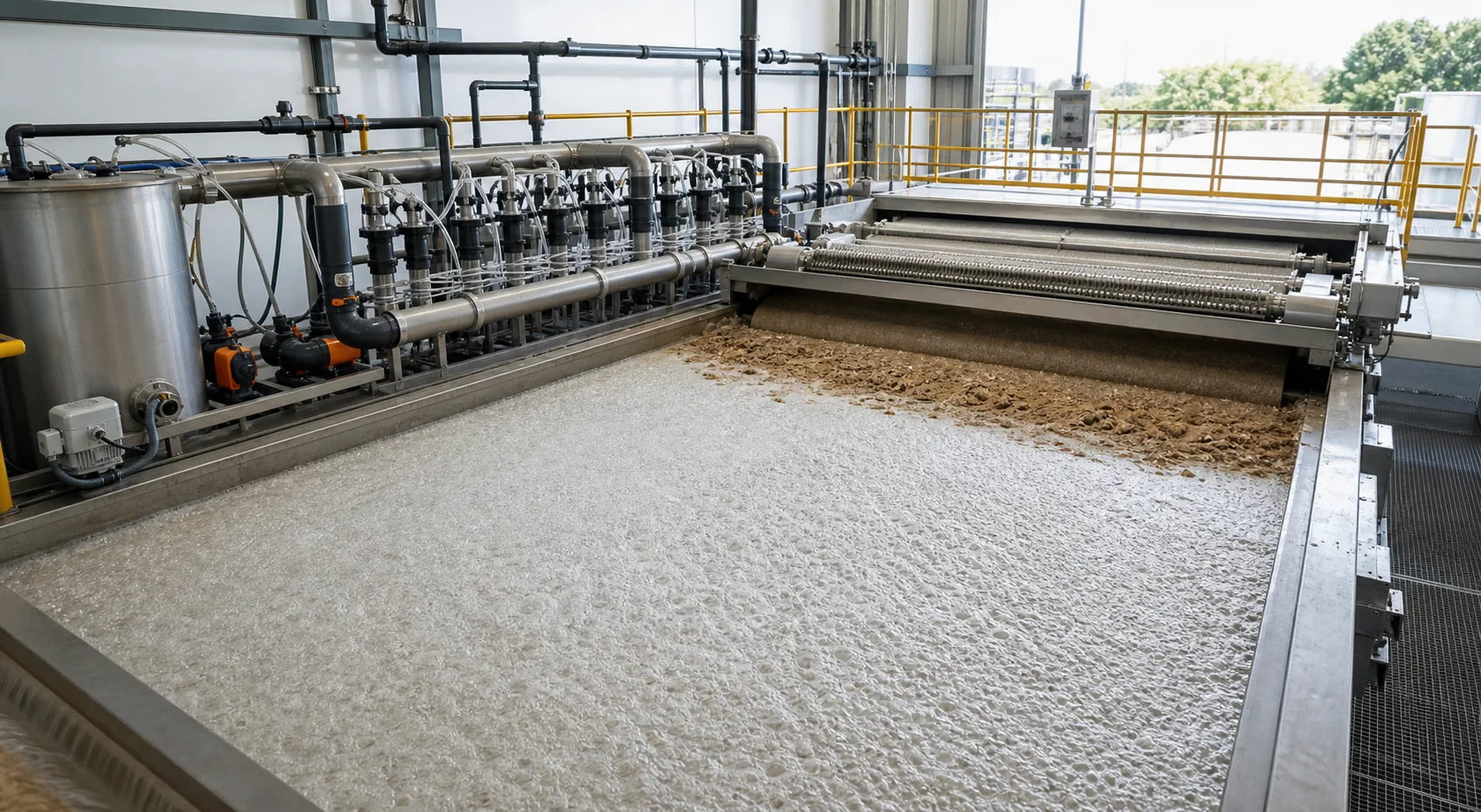 Dissolved air flotation cell with microbubble blanket, skimmer and polymer injection equipment