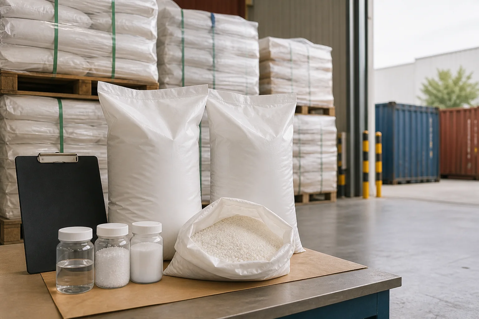 Polyacrylamide bags, samples and export pallets in a quality-control warehouse
