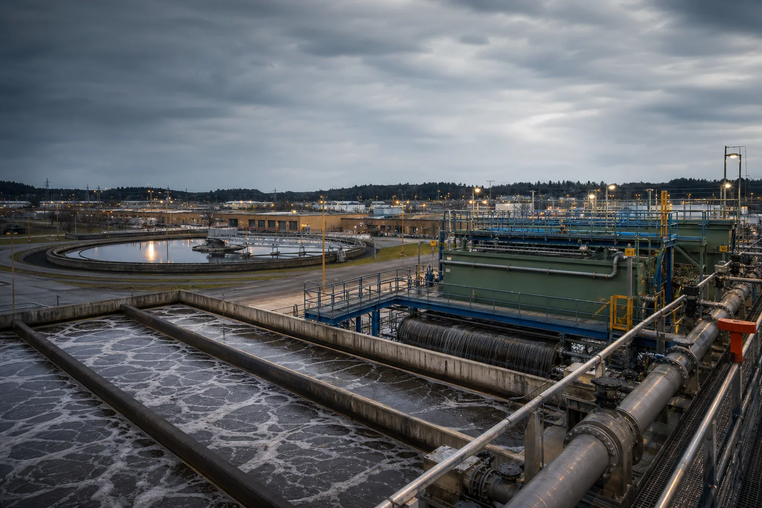 Industrial wastewater treatment plant with aeration basins, clarifier and process equipment