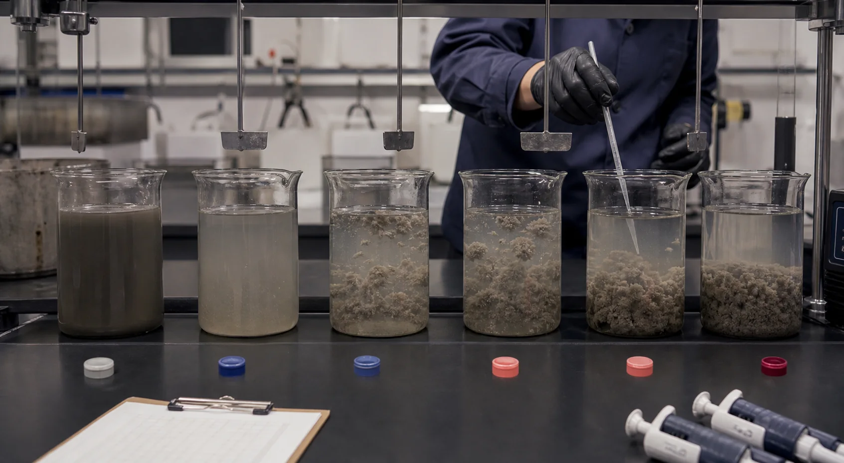 Wastewater polymer screening test with six beakers showing different floc responses